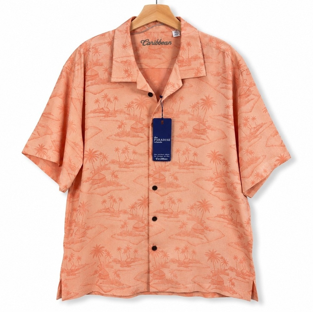 Caribbean Button Down Shirt Mens XXL Peach Tropical Palm Tree Paradise Island